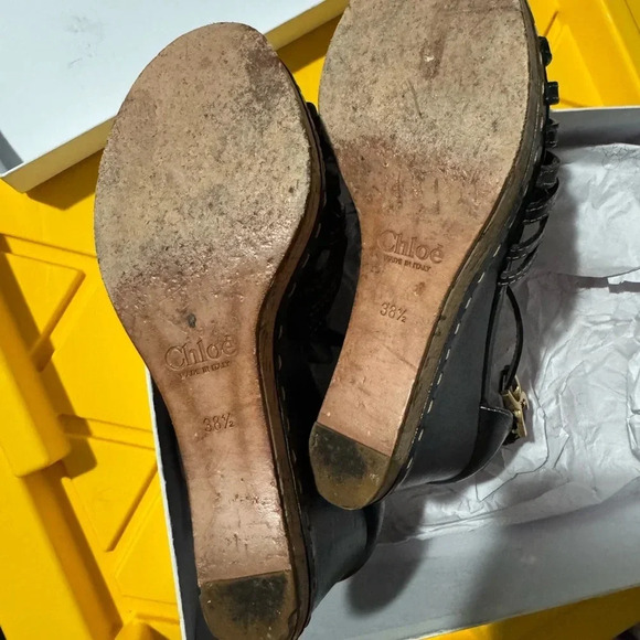 CHLOE Marcie Black Leather T-Strap Platform High Heel Wedge Sandal Size 38 1/2 - Picture 10 of 10